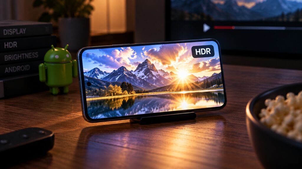 A smartphone showing peak brightness while playing HDR content