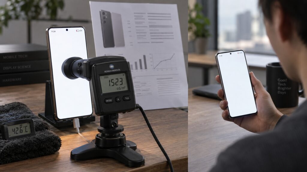 A person checking a smartphone's claimed screen brightness