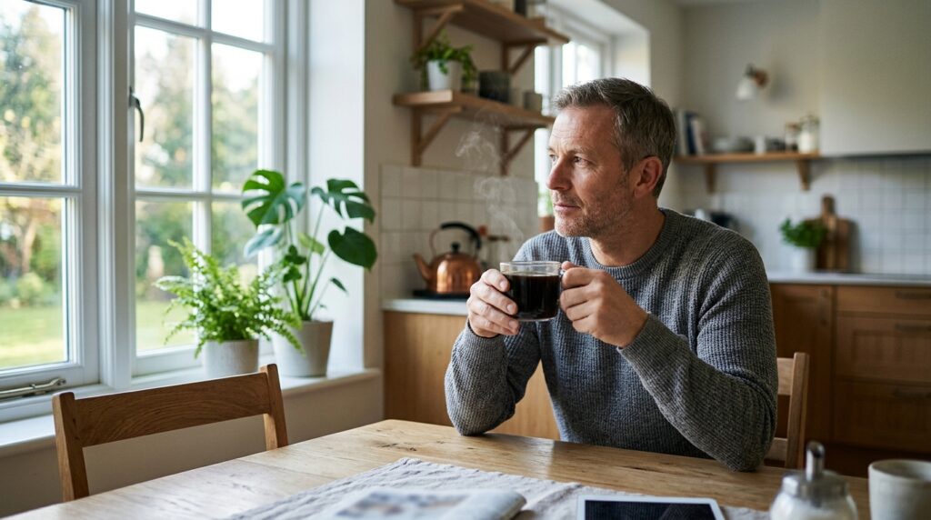 A man at a table by a window with a cup of black coffee
