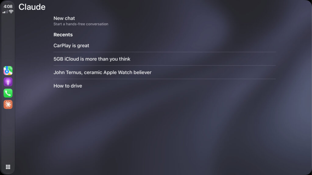 How to talk to Claude while driving. List of previous chats in Claude. Photo.