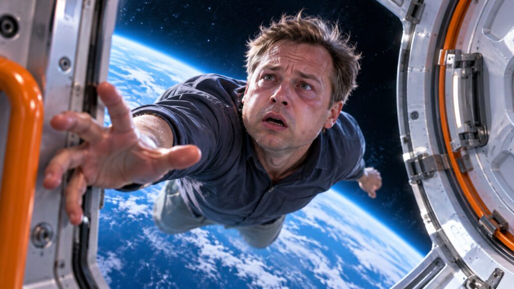 A person without a spacesuit next to an open airlock