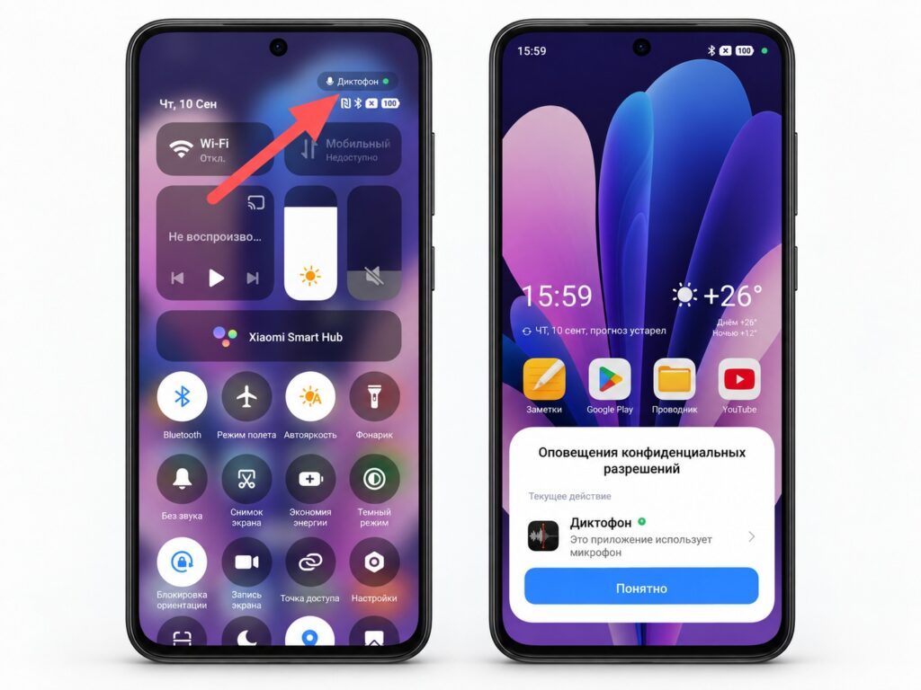 Android showing that the voice recorder app is using the microphone
