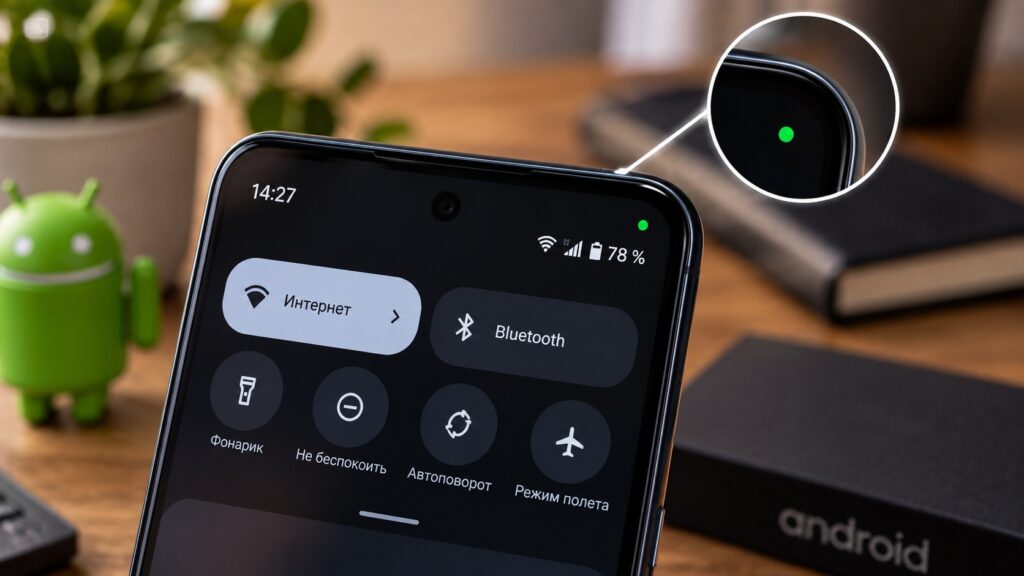 Green privacy indicator dot on an Android phone screen