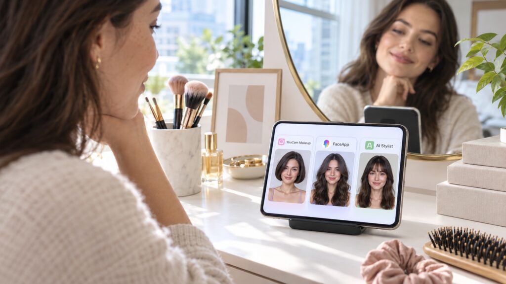 Three hairstyle try-on apps shown on a smartphone and tablet