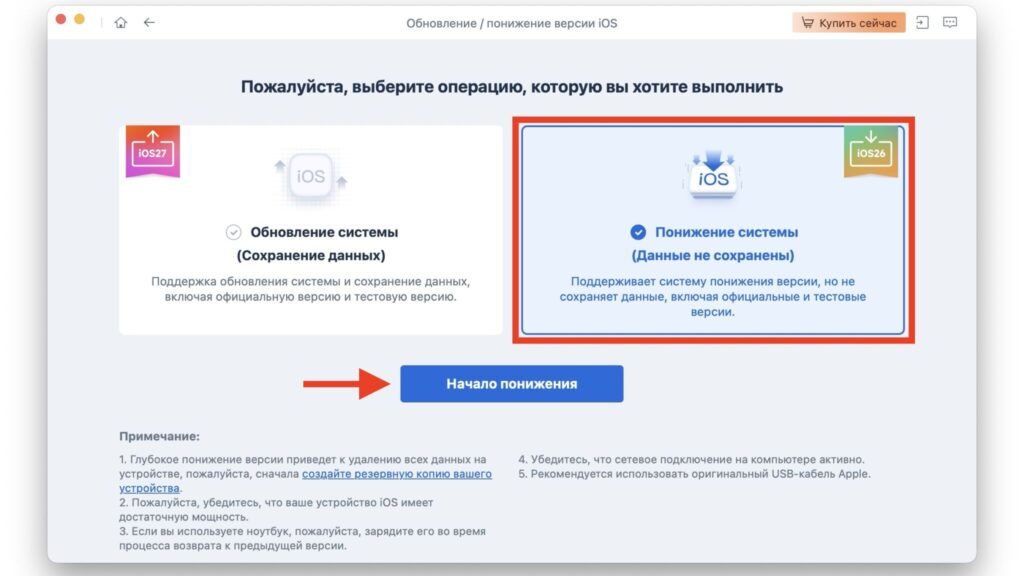 Navigating to the iPadOS downgrade option in Tenorshare ReiBoot