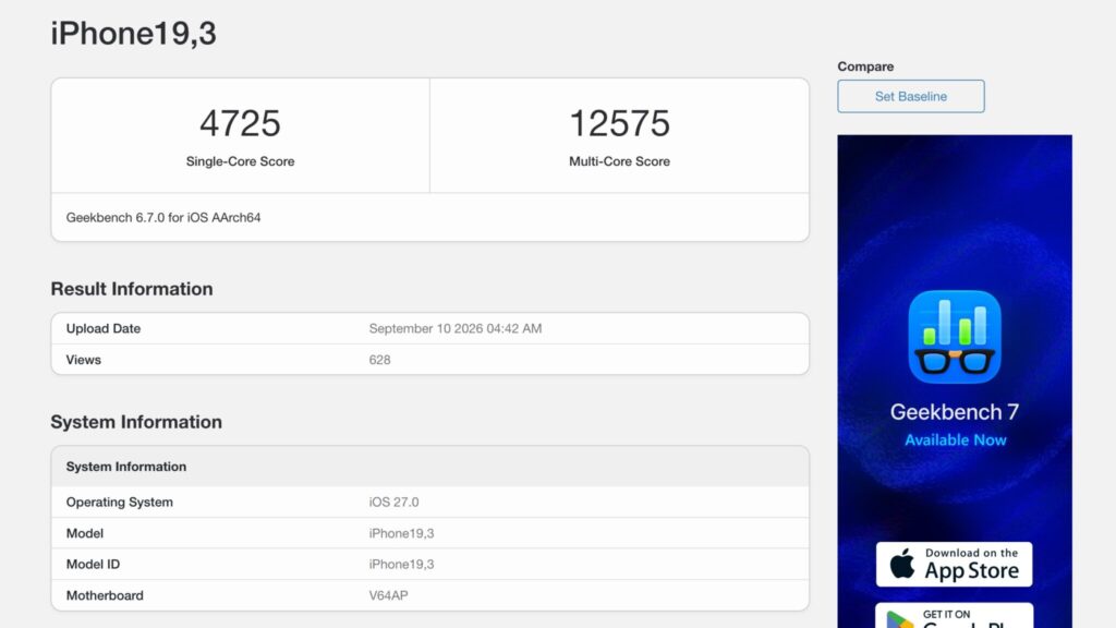 How much faster the A20 Pro is than the previous chip. iPhone 18 Pro result in Geekbench. Photo.