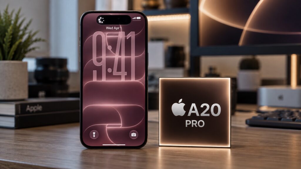 iPhone 18 Pro next to the Apple A20 Pro processor. Photo.