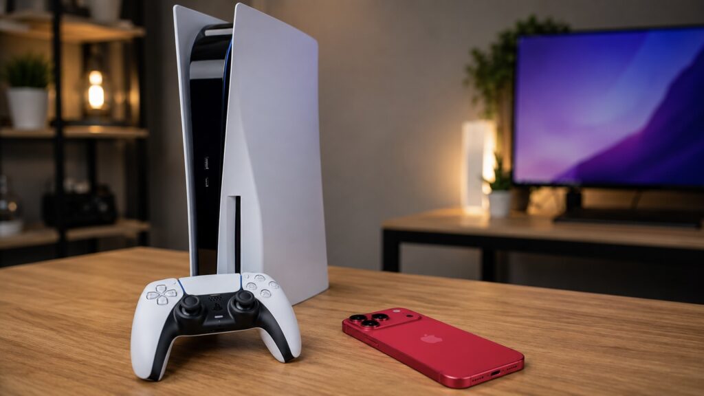 Render of a PS5 next to an iPhone 18 Pro.