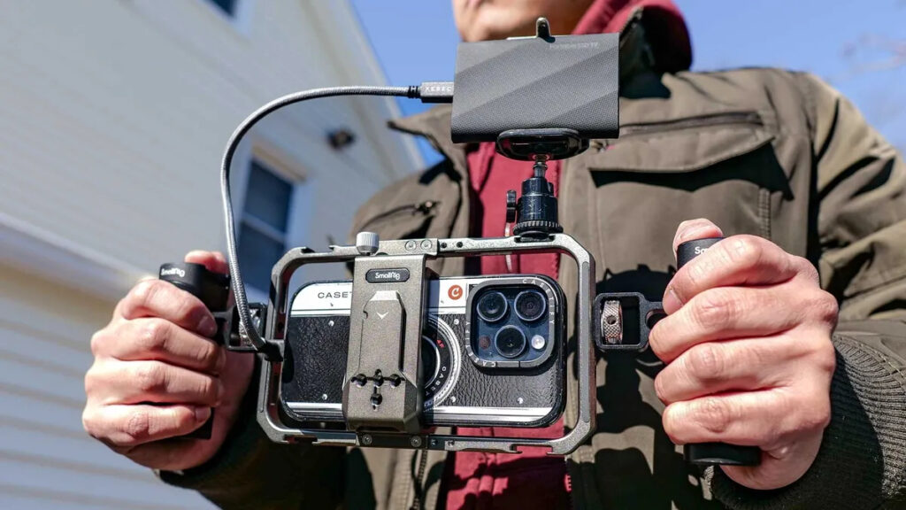 An iPhone in a professional filming rig