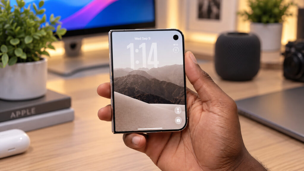 How the folding iPhone looks in person. The outer display of the iPhone Duo. Photo.