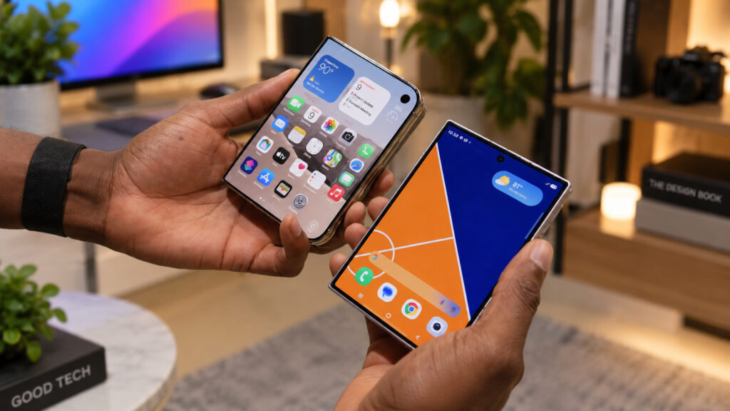 Marques Brownlee's assessment. The iPhone Duo next to the Samsung Galaxy Z Fold 8. Photo.