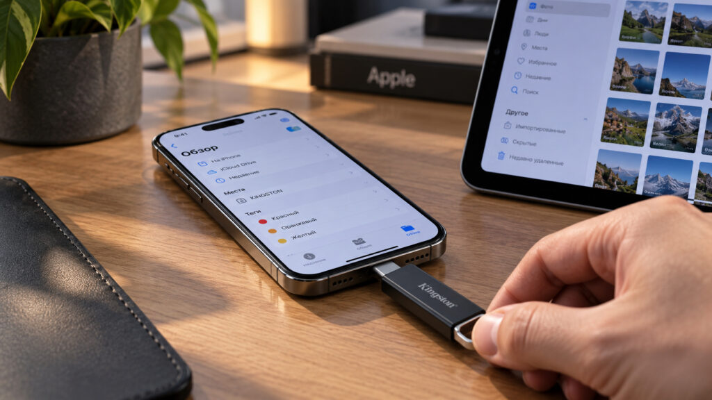 A flash drive being pulled out of an iPhone's USB-C port. Photo.