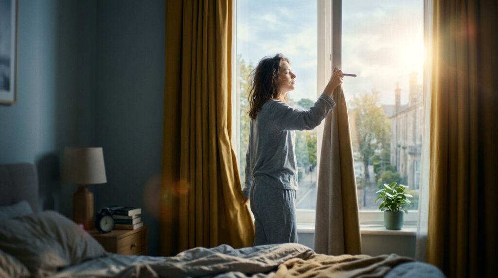 sleepy person opening bedroom curtains to let in bright morning sunlight