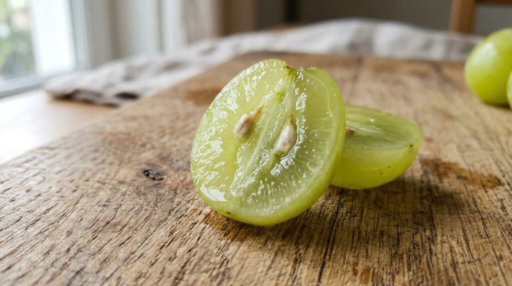 Halves of seedless grapes on a wooden board