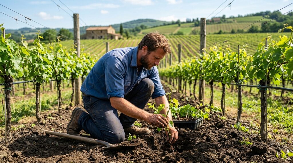 A grape grower planting a grapevine cutting in the soil