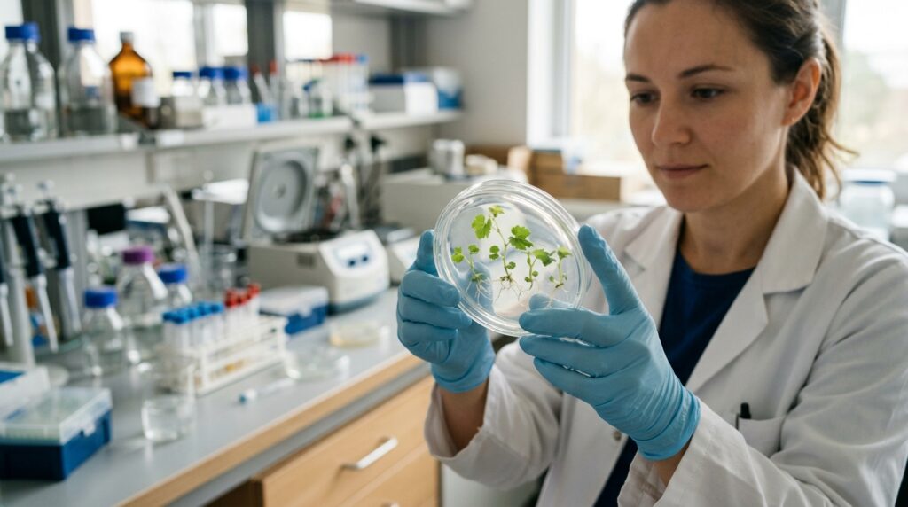 A scientist examining a Petri dish with plant seedlings in a laboratory