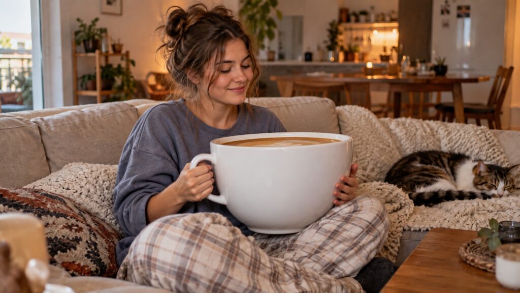 A young woman holding a huge cup of coffee
