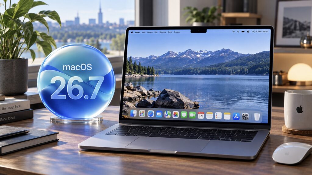 macOS 26.7 logo next to a MacBook