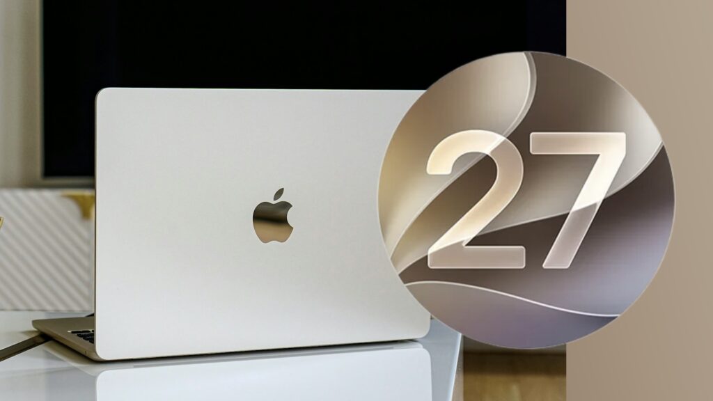 macOS 27 logo next to a MacBook