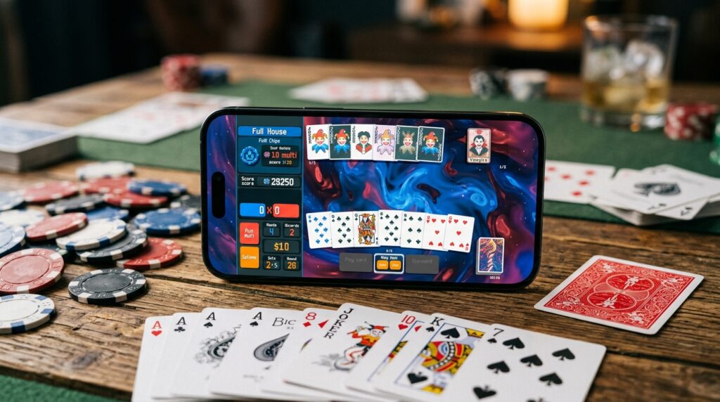 A smartphone running Balatro among playing cards and poker chips