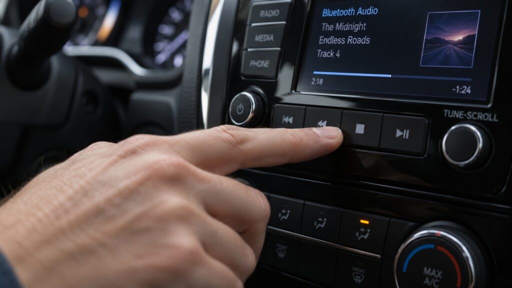 A person pausing the music in a car