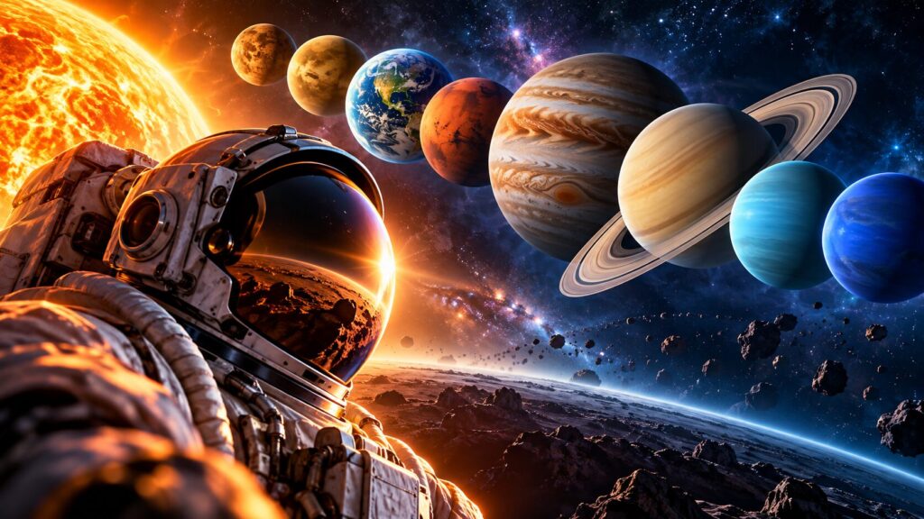 A person in a spacesuit against the planets of the Solar System