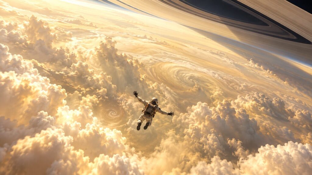 A person among the clouds of Saturn's atmosphere