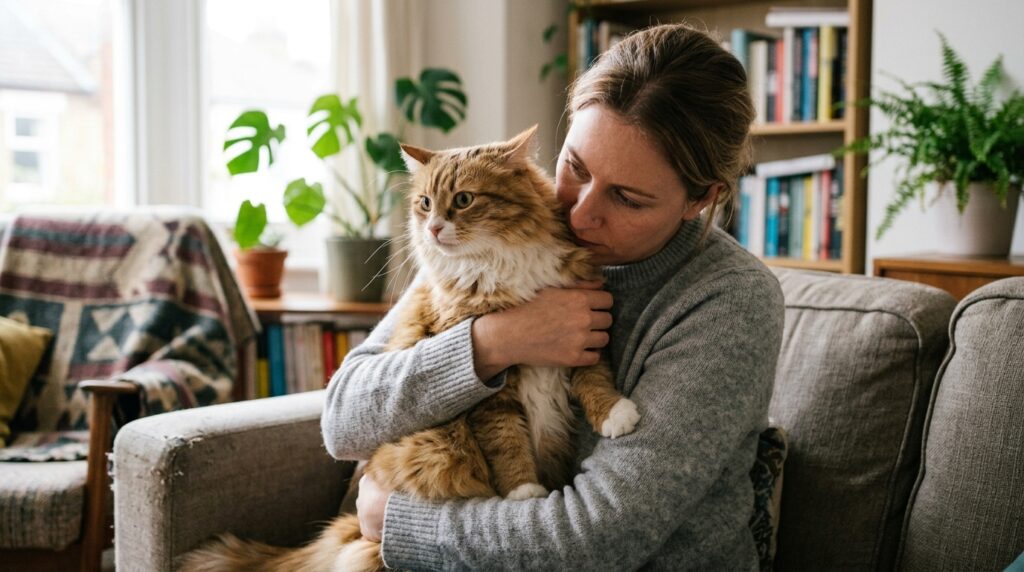 A woman hugging a fluffy cat in a bright room