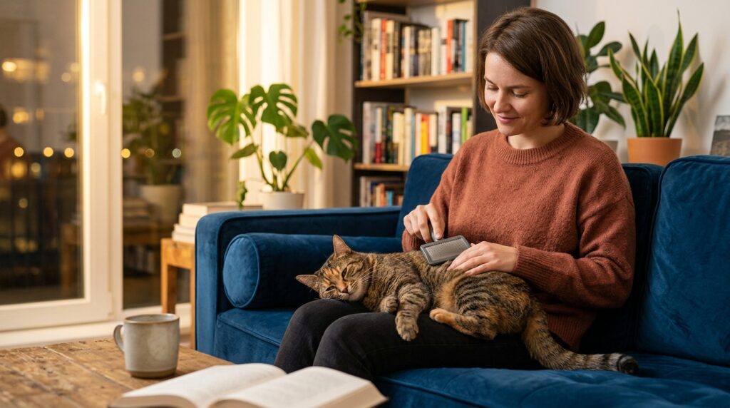A woman brushing a cat on a sofa in a cozy apartment
