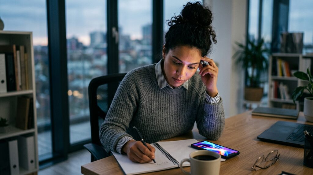 A woman writing in a notebook next to a glowing smartphone on a desk