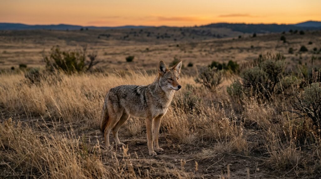 A coyote standing in grassland at sunset
