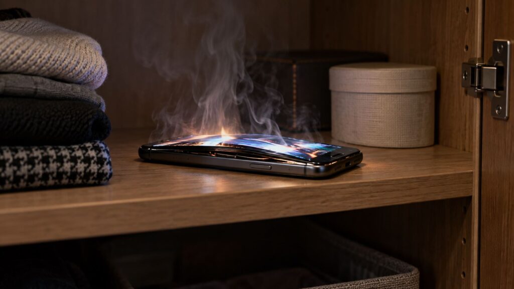 A smartphone catching fire on a closet shelf