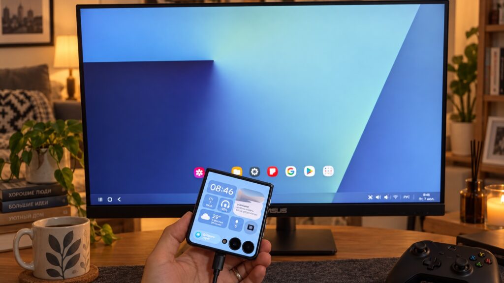 Samsung phone connected to a monitor in DeX mode