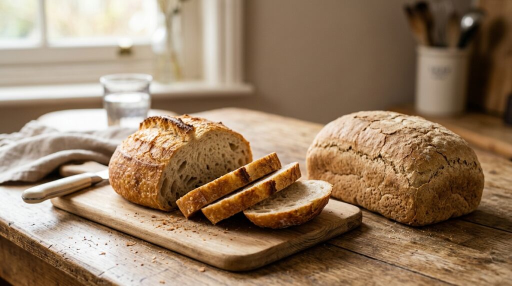 Fresh sliced bread next to a slightly dry loaf on a wooden kitchen table