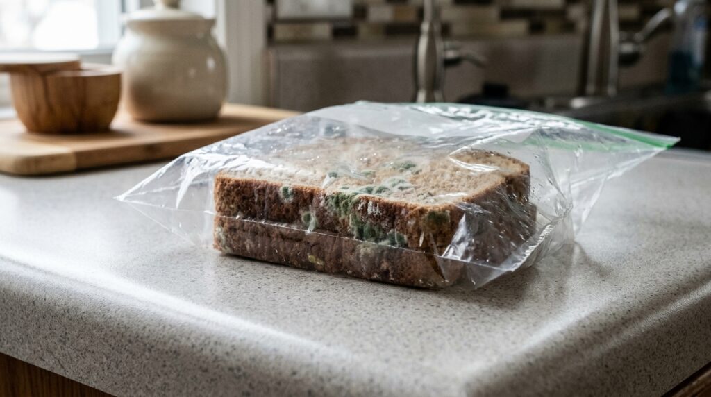 A plastic bag often creates a greenhouse effect in which mold quickly takes hold