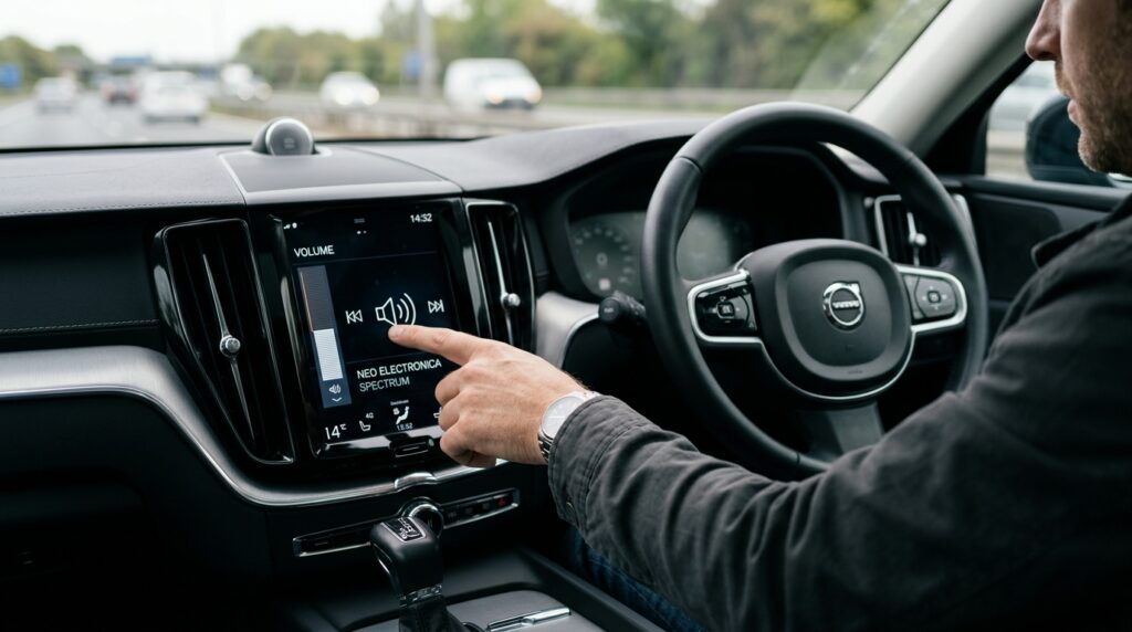 A driver lowering the music volume on a car's touchscreen