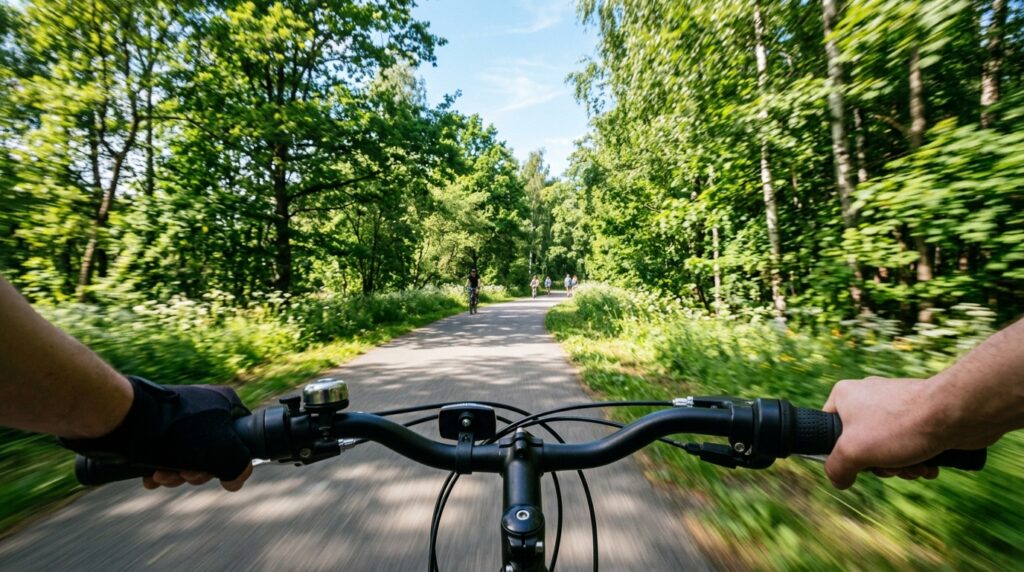 First-person view of a cyclist on a forest path
