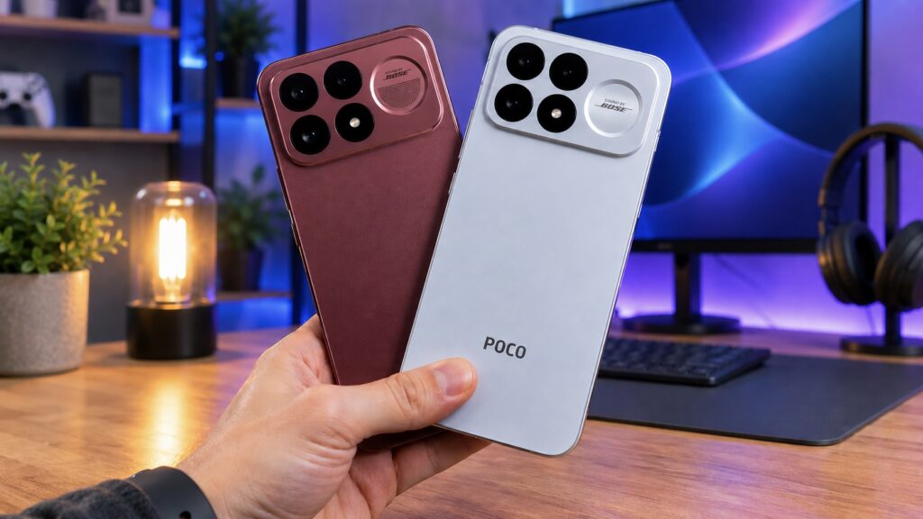 POCO F9 Ultra and F9 Pro in burgundy and silver.