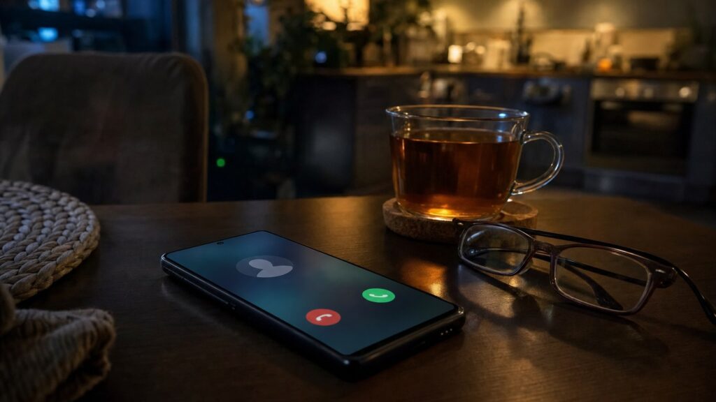 Incoming call on a smartphone next to a cup of tea