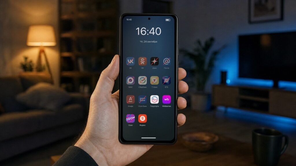 Smartphone showing crossed-out VK, Sber and MAX icons