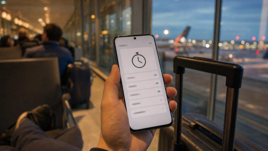 Hand holding a smartphone showing a timer at an airport