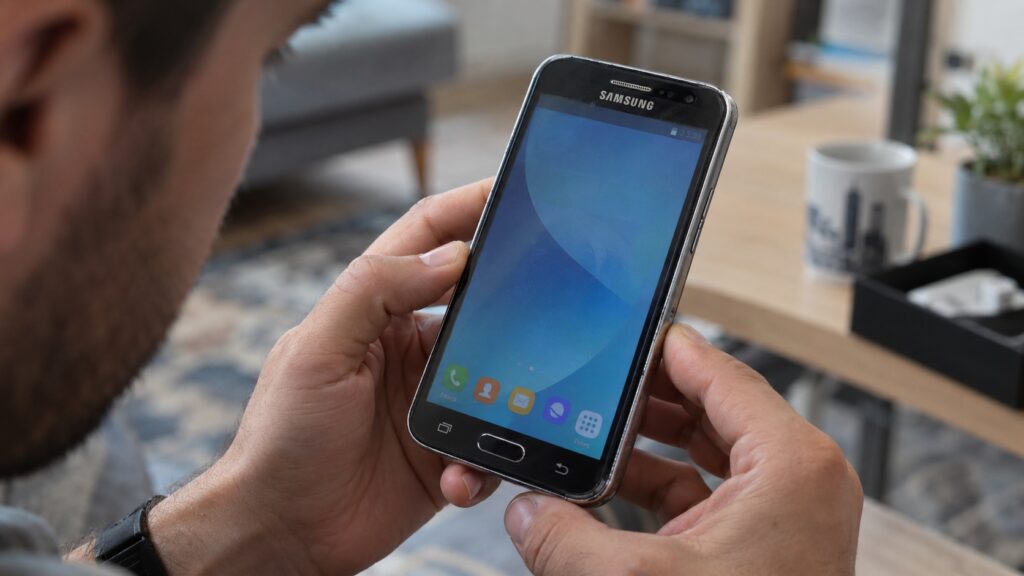 A counterfeit Samsung smartphone held in the hand