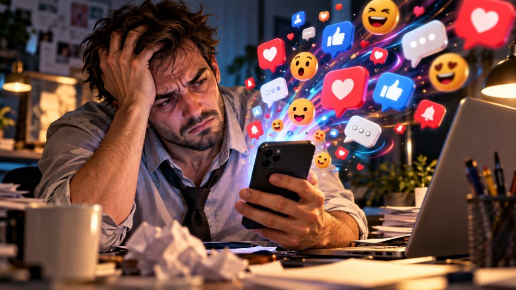 A tired man at work with a smartphone