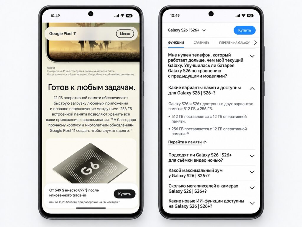 Google and Samsung smartphone descriptions on the manufacturers' websites