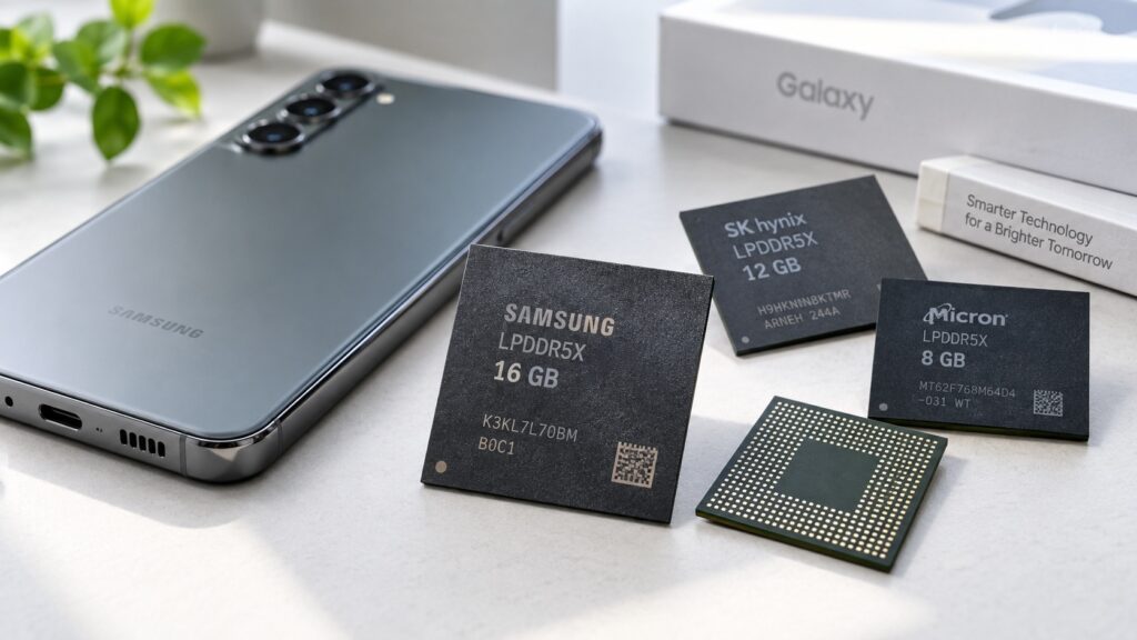 Samsung smartphone shown with different RAM chips