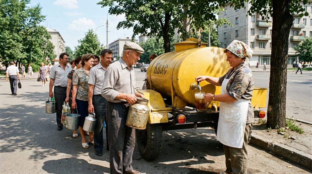 A woman pours kvass from a yellow tank for passers-by holding metal mugs