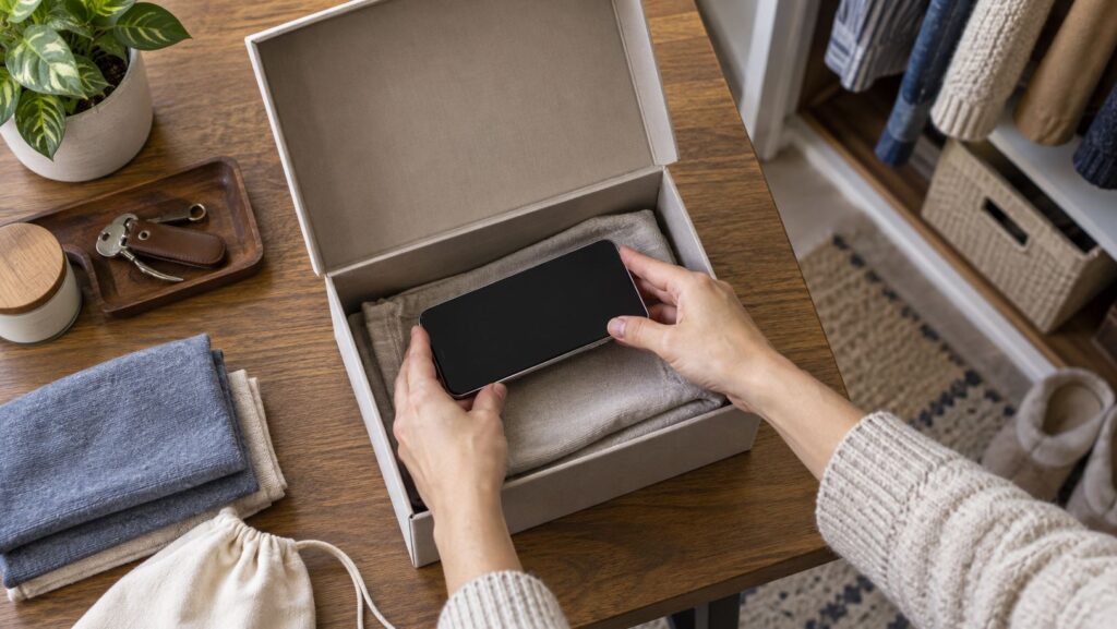 A smartphone being placed in a box for storage