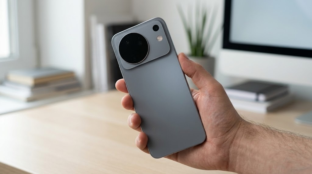 Grey vivo X500 held in a hand