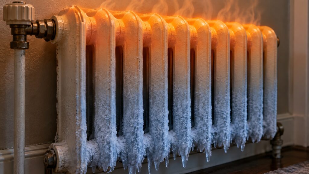 A radiator that is hot on top and cold at the bottom