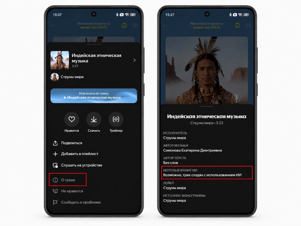 Checking a track for AI use in Yandex Music